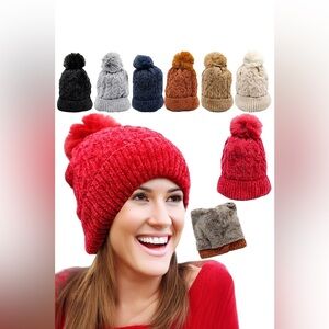 Chenille Fleece-Lined Beanie Assorted Colors Plush Winter Pom Hat